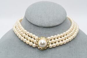 Vintage Triple Strand Faux Pearl Necklace Rhinestone Pendant Choker 17 Inch